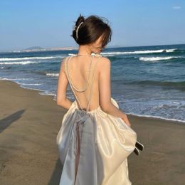 Casual Dresses Sexy Satin Dress Women Resort Beach Pearl Beading Backless Bow Party Clothing Elegant Gloss Vestido