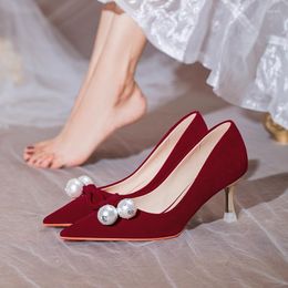 Dress Shoes Chinese Retro Wedding Bride Pumps Wine Red Suede Cloth Stiletto High Heel Pearl Female Daily Wear Single