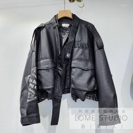 Women's Jackets Spring 2023 Black Personalised High-waisted Short Long-sleeved Leather Jacket Top Loose Winter Women's