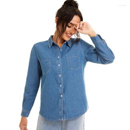 Women's Blouses Blue Jeans Blouse Women 2023 Autumn Casual Turn-down Collar Long Sleeve Baggy Top Woman Vintage Single Breasted Denim Shirt