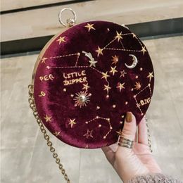 Evening Bags Round Women Shoulder Bag Chains Starry Sky Crossbody Luxury Embroidered Faux Suede Messenger Clutch Handbag