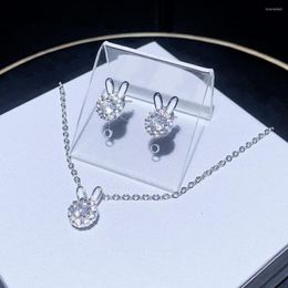 Necklace Earrings Set 2023 Cute Gothic Rabbits Animal Rotatable Earring Micro Pave Clear Cz Ear Fashion