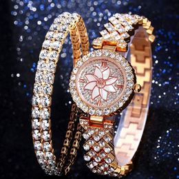 Wristwatches Luxury Women Rose Gold Watch Fashion Ladies Quartz Diamond Wristwatch Female Bracelet Watches 2pcs Set Reloj MujerWristwatches