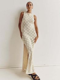Casual Dresses Elegant White See Through High Slit Sleeveless Knitted For Women 2023 Summer Sexy Slim Party Club Beach Tank Maxi Dress