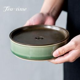 Teaware Yue Kiln Celadon Pot Bearing Household Dry Tea Tray Handmade Ceramic Kung Fu Tea Set Pot Holder Copper Gaiwan Teapot Holder Tray