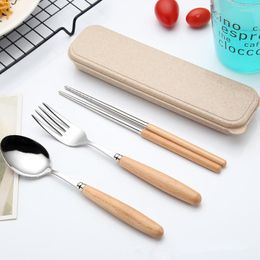 Dinnerware Sets 3Pcs/set Portable Stainless Steel Cutlery Set Wooden Handle Fork Spoon Chopsticks Dinner Tableware Travel Kit