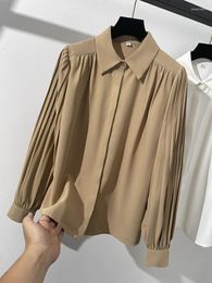 Women's Blouses Solid Ruffled Women Shirt Pleated Long Sleeve Secret Placket Office Lady Elegant Fashion Top Work Clothes