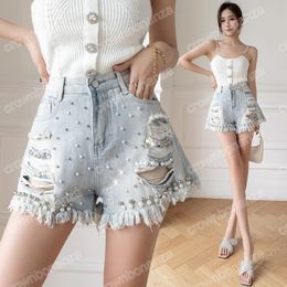 Sexy Ripped Short Jeans Women 2023 Summer Fashion Beading Pearl High Waist Tassel Denim Woman Blue Wide Leg Loose Shorts