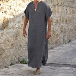 Ethnic Clothing Jubba Thobe Islamic Arabic Kaftan Men Linen Cotton Solid Short Sleeve Hooded Robes Dubai Middle East Muslim Clothes Abaya Homme 230512