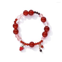 Strand FYJS Unique Light Yellow Gold Color Red Agates Beads Pulsera elástica Rose Pink Quartz Fashion Jewelry