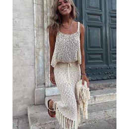 Swimwear 2023 Coverups Knitted Sexy See Through Mesh Beach Cover Summer Camisole Blouse Tassel Long Skirt Twopiece Set Hollow Out Dress