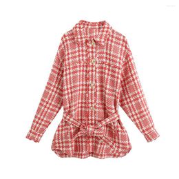 Women's Jackets For Women 2023 Fashion Lapel Long Sleeve Check Tweed Jacket Frayed Trim Single Breasted Overshirt With Belt Shacket