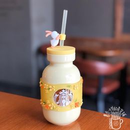Newest Starbucks Mid-autumn Festival Falling Osmanthus Ceramics straw coffee cup 430ML yellow Mason Accompanying cup242t