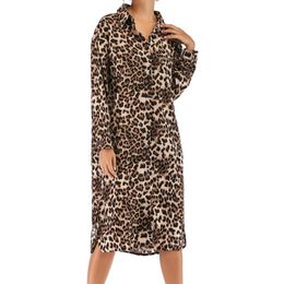 Casual Dresses Spring Nice Women's Dress High Street Wear Autumn Clothes Fashion Leopard Print Sexy Medium Long Split Shirt