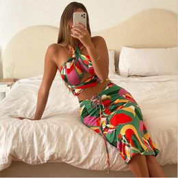 Skirts Summer 2Pcs Women's Clothing Set Backless Halter Crop Top And Slim Middle Skirt Outfits Geometric Ladies Casual Clothes
