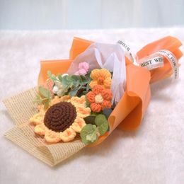 Decorative Flowers Homemade Sunflower Crochet Flower Bouquet Hand-woven Birthday Gift Home Decoration Wedding Party Teacher's Day