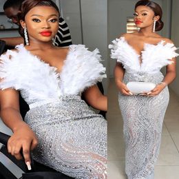2023 May Aso Ebi White Sheath Prom Dress Feather Sequined Lace Evening Formal Party Second Reception Birthday Engagement Gowns Dresses Robe De Soiree ZJ517