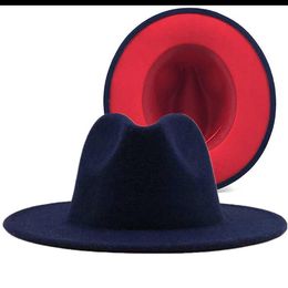 Simple Navy with red Bottom Patchwork Panama Wool Felt Jazz Fedora Hats Women Men Wide Brim Party Cowboy Trilby Gambler Hat245x