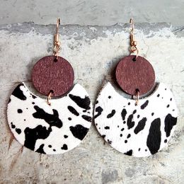 Dangle Earrings Leopard Print Cow Leather Western American Style Round Wood Mosaic Crescent Are Sellers