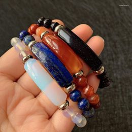 Strand Natural Stone Beads Bracelet Pink Quartz Lapis Agates Opal Obsidian Crystal Rectangle Bar Charms Bracelets Reiki Healing