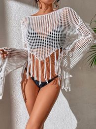 Cover-up Bikini Cover Up for Women Knitted Crochet Top Flare Sleeve Tassel Bathing Suits Seaside Sexy Solid Beach Wear