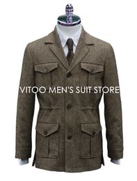 Men's Suits & Blazers Winter Tweed Herringbone Men Suits/Classic Safari Jacket With Four Envelope Pocket/Unique Design Casual Male Clothing