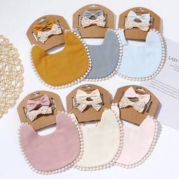 Solid Bamboo Cotton Baby Boy Girl Bib Lace Bow Headband Tassel Soft Newborn Feeding Burp Cloth Saliva Towel Kids Scarf