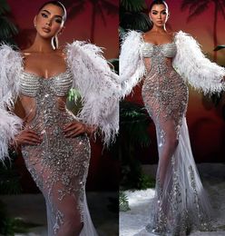 2023 May Aso Ebi White Mermaid Prom Dress Lace Beaded Crystals Evening Formal Party Second Reception Birthday Engagement Gowns Dresses Robe De Soiree ZJ519