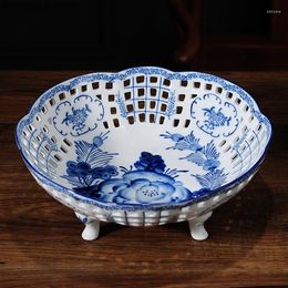 Plates Blue And White Ceramic Plate Four-legged Fruit Hollow Snack Tray Dried Salad Bowl Dish Decor Tableware