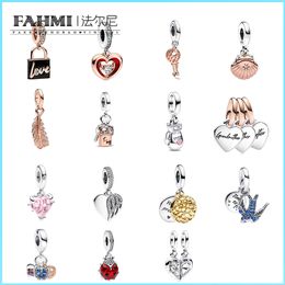 Fahmi 100% 925 Sterling Silver FLove Padlock Radiant Heart key & Sliding Heart Floating Curved Feather Shell Pendant