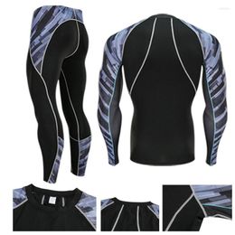 Men's T Shirts Sports Long Sleeve Tops Running Leggins 2 Piece Tracksuit Men Compression Tights Rash Gard Male Kit Sportswear 4XL