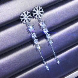 Dangle Earrings Fashion Silver Color Christmas Snowflake Drop Pendant Long Tassel Rhinestone Decor Earring Jewelry Gifts