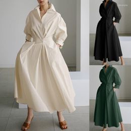 Casual Dresses Women's Autumn Sun Dress Elegant Shirt Solid Color Long Sleeve Female High Waist Robe