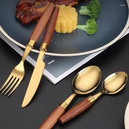 Dinnerware Sets Wooden Handle 304 Stainless Steel Knife Fork And Spoon Set Of Four Els Restaurants Titanium Plated Tableware