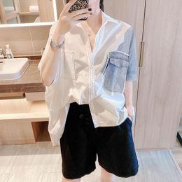 Women's Blouses & Shirts XEJ Cotton Shirt For Women Europe Fashion Denim Panel White Short Sleeve Tees Clothes 2023 Fall Womens Tops