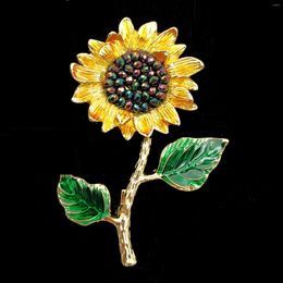 Brooches Sparkling Vintage Golden Long Stem AB Rhinestones Sunflower Pin Metal Work Jewellery For Valentine Day Mother Holiday