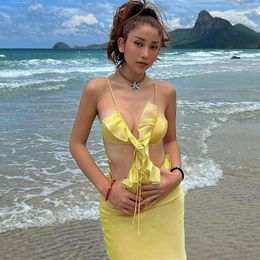 Casual Dresses Mesh Ruffle Cut Out V Neck Backless Long Beach Vacation Outfits Sexy Summer Dress Women 2023
