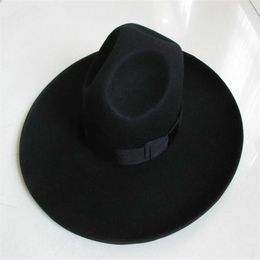 Men's 100% Woolen Fedoras Hat Wide Brim Oversize 12cm Woolen Hat Fashion Black Wool Felt Fedora Woolen Cap Equestrian Hat B-8242C
