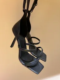 Summer Sexy Lady Women Sandals Black Satin Genuine Leather Ankle Strap 3 Strappy High Heels Sandalias Sandals Slingback Party Shoes