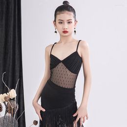 Stage Wear 2023 Latin Dance Performance Costumes For Girls Black Sling Tops Tassels Skirts Suit Chacha Rumba Dress DQL8197