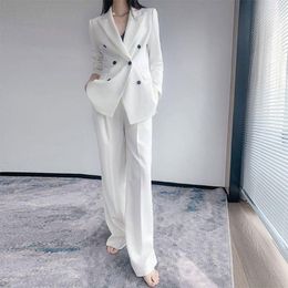 Women's Two Piece Pants Women Spring White Fashion Business Blazer Suits 2 Duble Breasted Office Ladies Lapel Formal Jacket And Wide-Leg