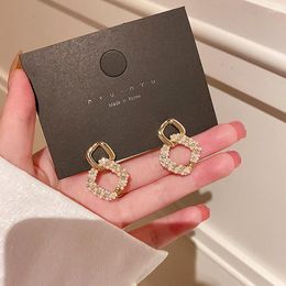 Dangle Earrings Fashion Fine 14K Real Gold Plated Rhombus Pearls Drop For Women Girl Jewellery Zircon S925 Silver Needle Weddings