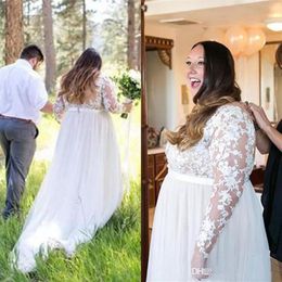 Plus Size Wedding Dresses Illusion Bodice Long Sleeve Lace Chiffon Sheer Neck Transparent Back Elegant Bridal Gowns Custom Made336k