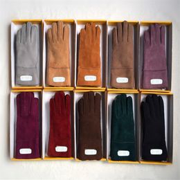 High Quality Women Sheepskin Brand Designer Fur Leather Five Fingers Gloves Solid Colour Winter Outdoor Windproof Gloves258l