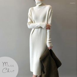 Casual Dresses Winter Sweater Dress Women Turtleneck Long Sleeve Slim Fit Knitted Slit Midi Chic Streetwear Laides Clothes Vestido