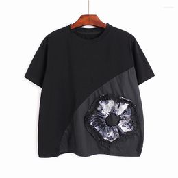 Women's T Shirts 220246 Women Navy Flower Patched Big Size Casual T-shirt Round Neck Short Sleeve Fashion Tide Summer 2023