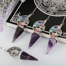 Pendant Necklaces Healing 7 Chakra Stone Beads Natural Crystal Tree Of Life Point Pendulum For Divination Reiki ChainPendant