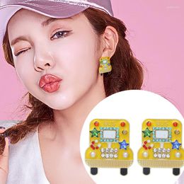 Stud Earrings Yellow Bus Crystal Green Star Rhinestone Transportation Earring For Woman Trendy Party Jewelry