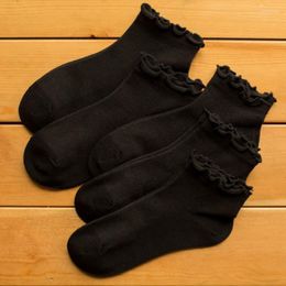 Women Socks Spring And Summer Day Solid Color Wood Ear Lace Children's College Wind Cute Girl Black White
