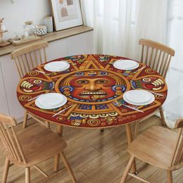 Table Cloth Round Fitted Mexico Aztec Calendar Oilproof Tablecloth 45"-50" Cover Backed With Elastic Edge